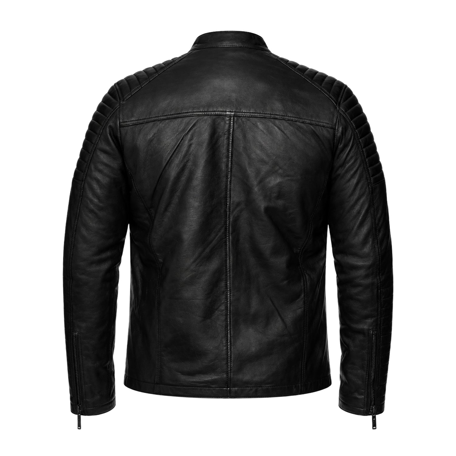 Men's Cafe Racer Ribbed Cuffs Sheepskin Leather Jacket (Back)