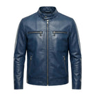 Men's Cafe Racer Stand Collar Navy Blue Leather Jacket