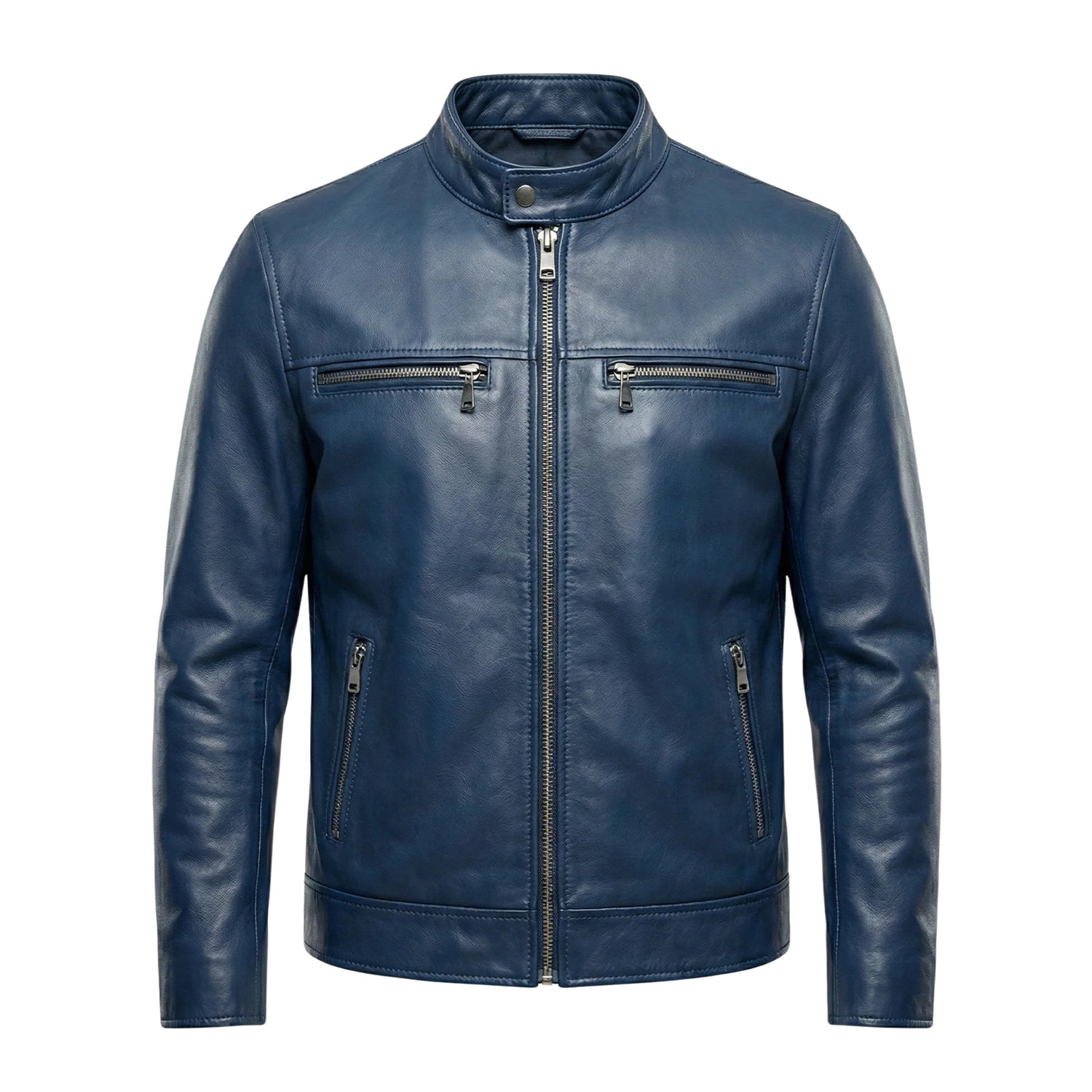 Men's Cafe Racer Stand Collar Navy Blue Leather Jacket