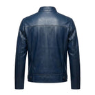 Men's Cafe Racer Stand Collar Navy Blue Leather Jacket (Back)
