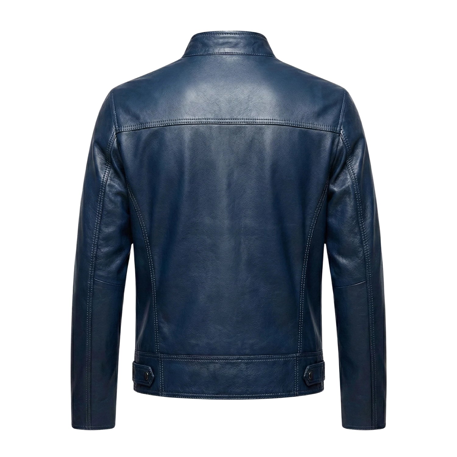 Men's Cafe Racer Stand Collar Navy Blue Leather Jacket (Back)