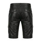 Men’s Cargo Multiple Pockets Black Leather Shorts (Back)