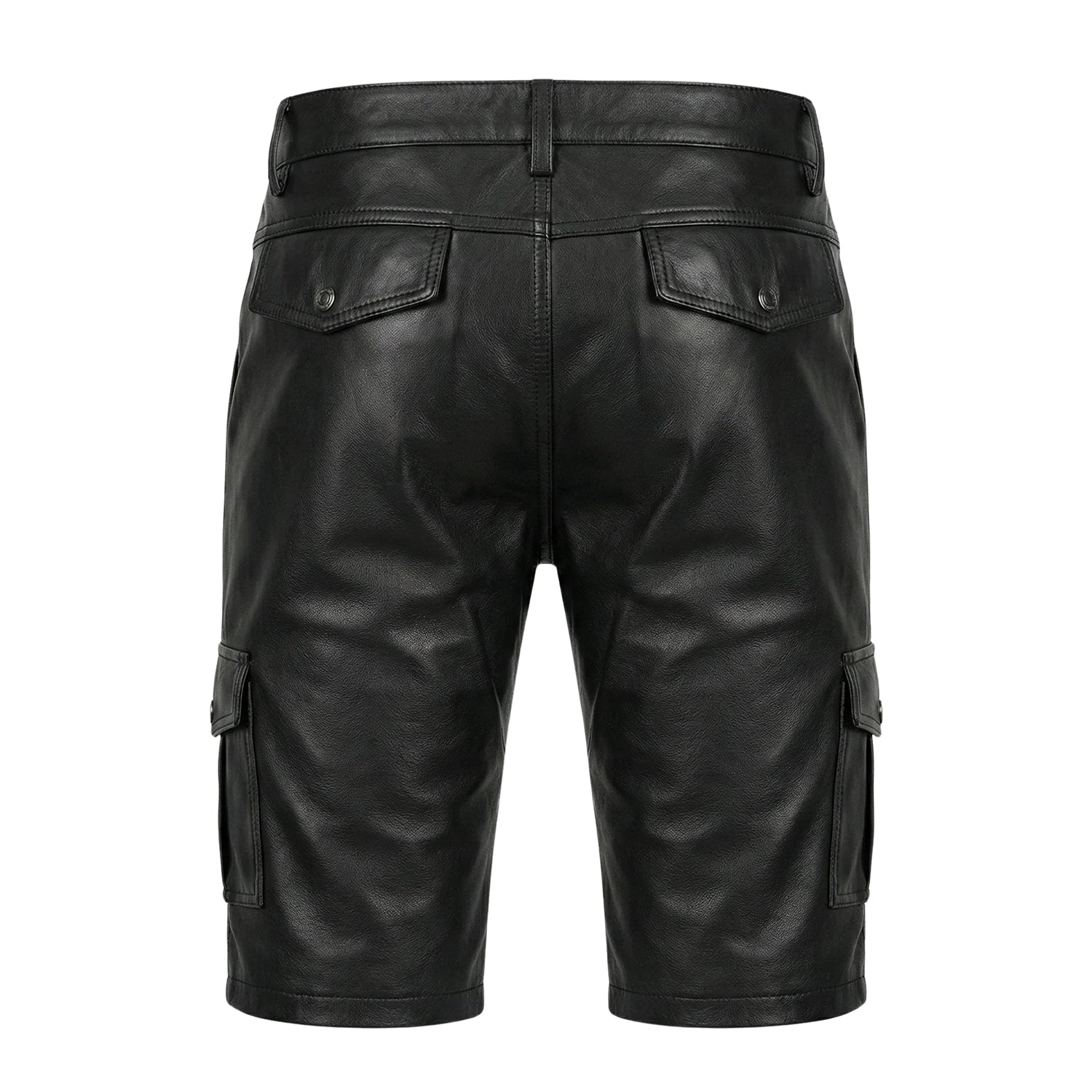 Men’s Cargo Multiple Pockets Black Leather Shorts (Back)
