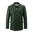 Men's Double Breasted Tailored Fit Dark Green Leather Blazer
