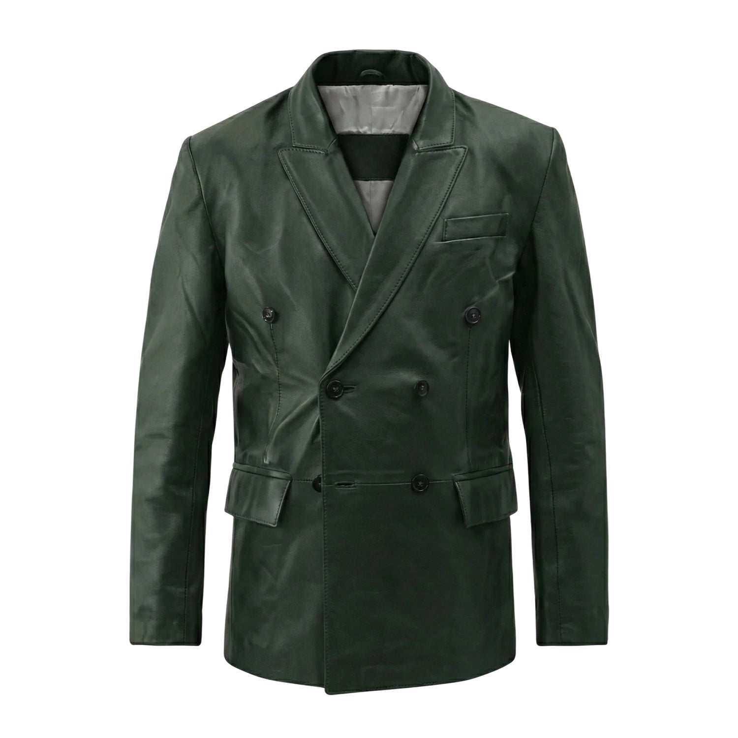 Men's Double Breasted Tailored Fit Dark Green Leather Blazer