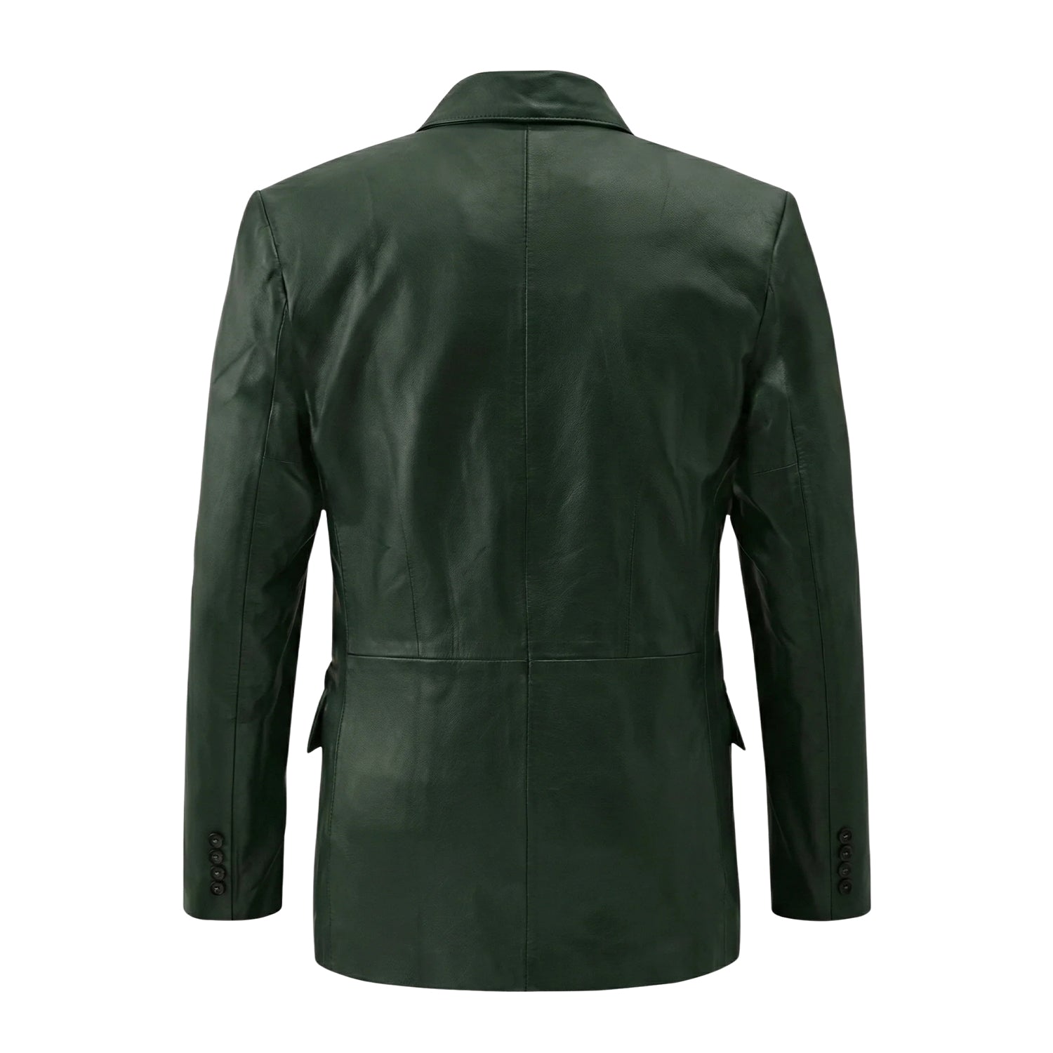 Men's Double Breasted Tailored Fit Dark Green Leather Blazer (Back)
