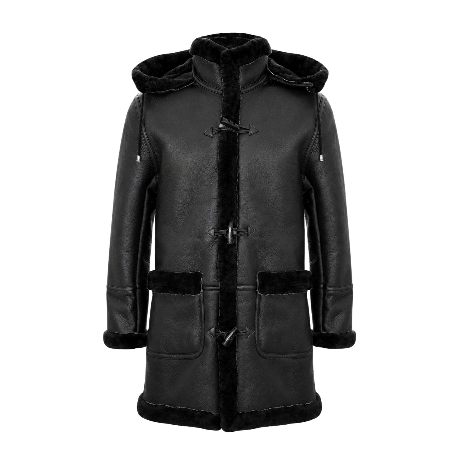 Men's Duffle Plush Shearling Lining Black Trench Coat 