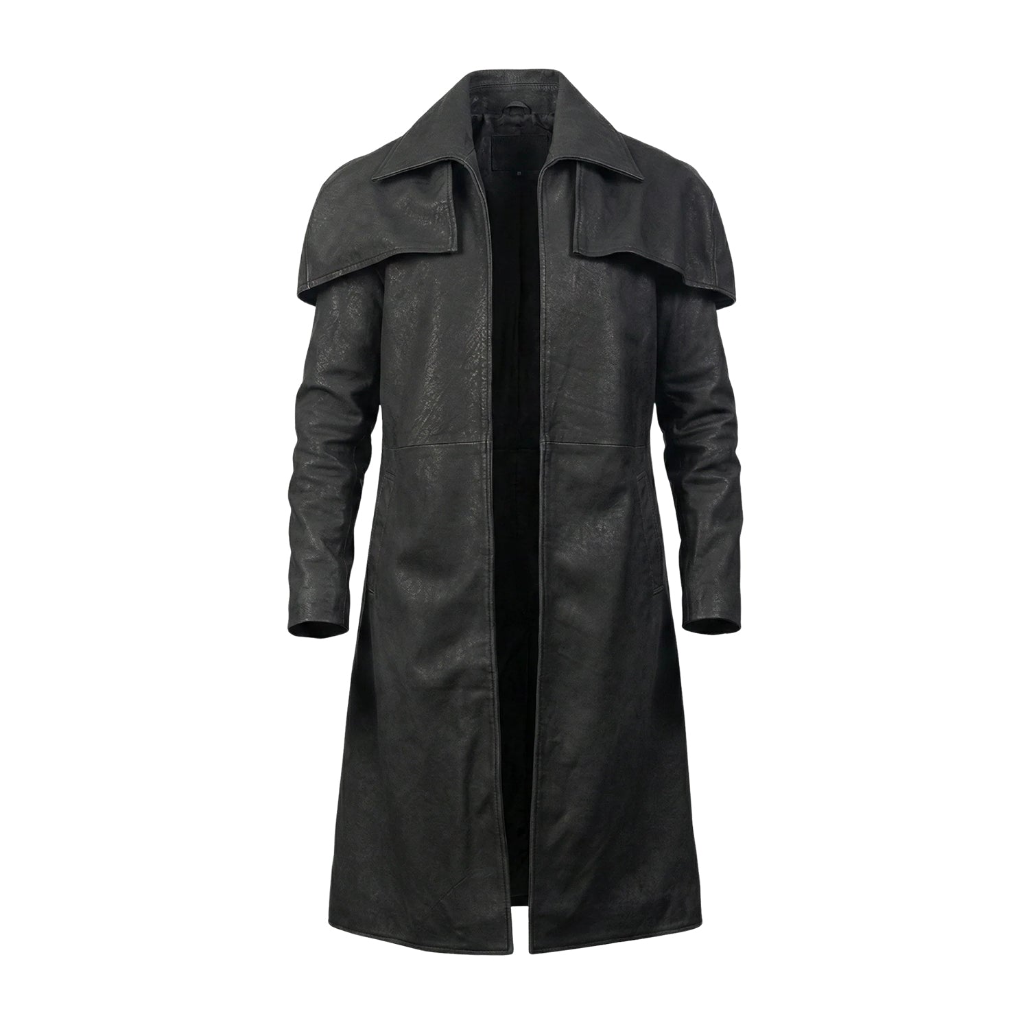 Men's Duster Distressed Leather Black Trench Coat