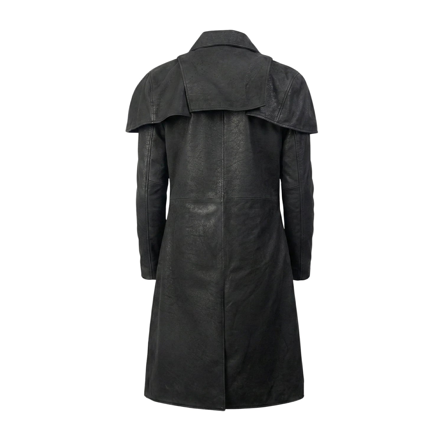 Men's Duster Distressed Leather Black Trench Coat (Back)