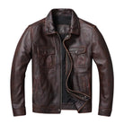 Men's Moto Ribbed Cuffs Brown Leather Jacket