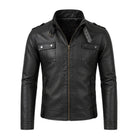 Men's Moto Strap Collar Black Leather Jacket 