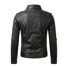Men's Moto Strap Collar Black Leather Jacket (Back)