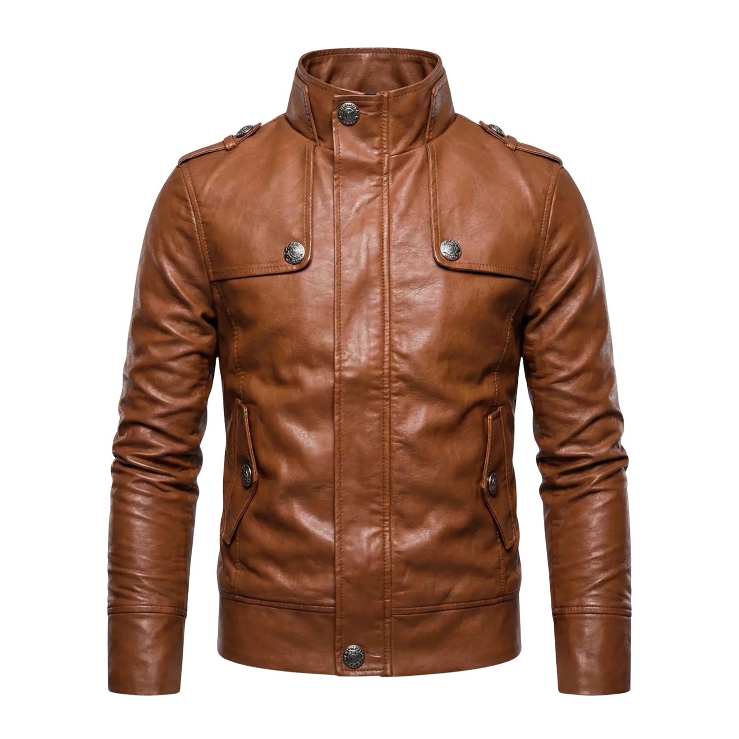 Men's Trucker Button Front Brown Leather Jacket