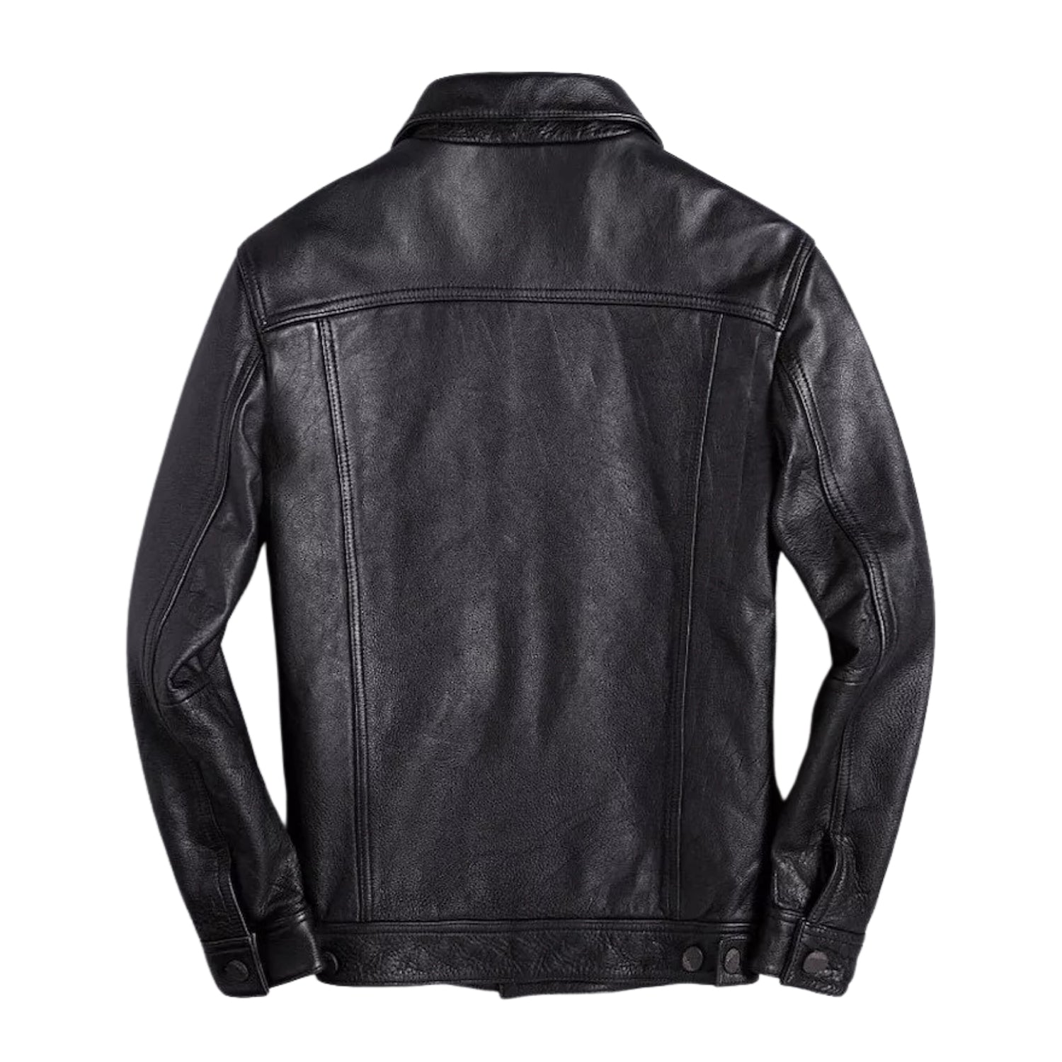 Men's Trucker Ribbed Cuffs Black Leather Jacket (Back)