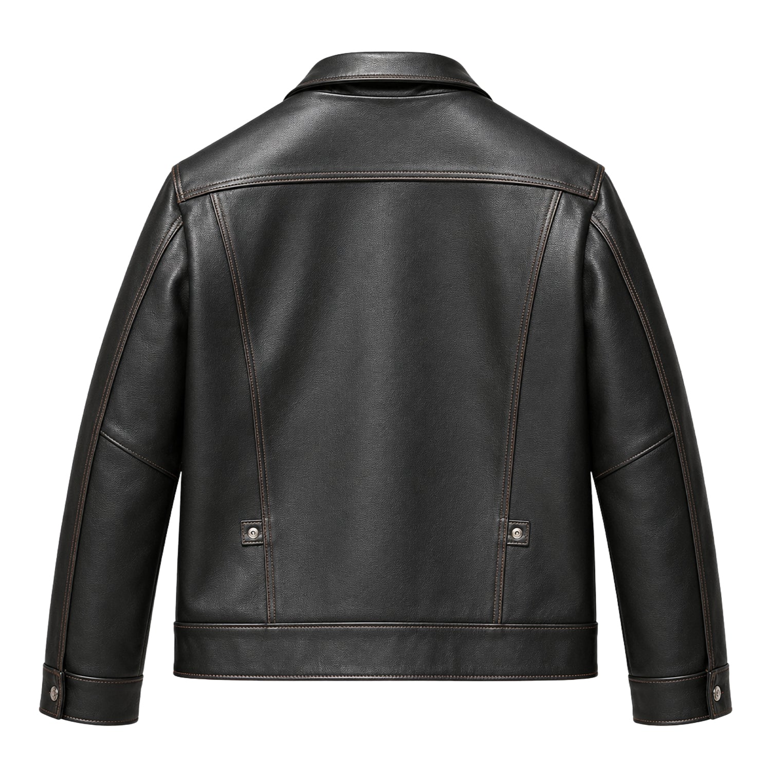 Men's Trucker Ribbed Cuffs Distressed Leather Jacket (Back)