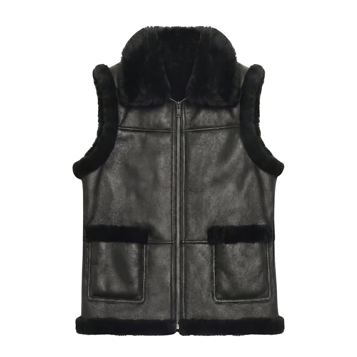Men's Vest Real Fur Lining Black Shearling Jacket