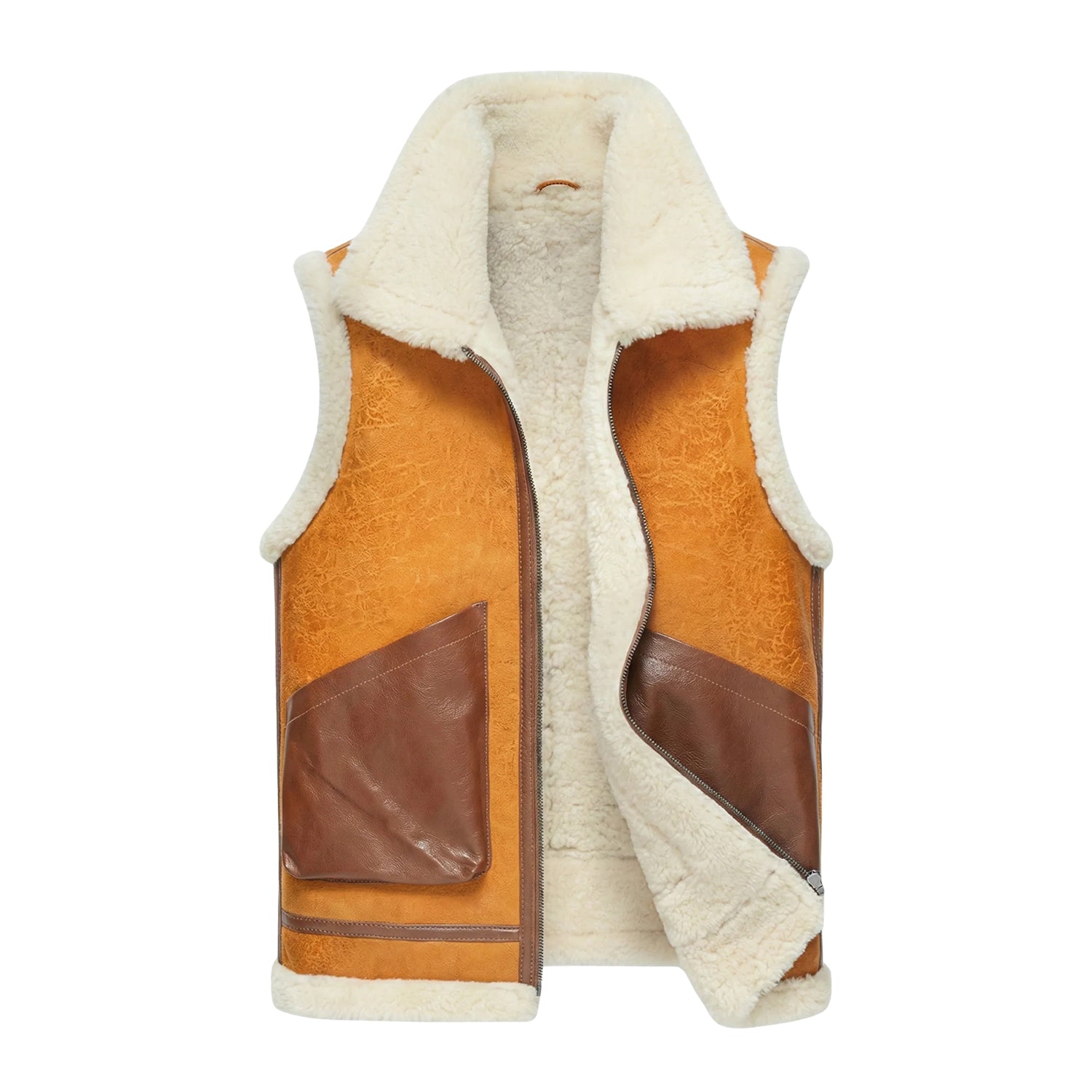 Men's Vest Real Fur Lining Brown Shearling Jacket