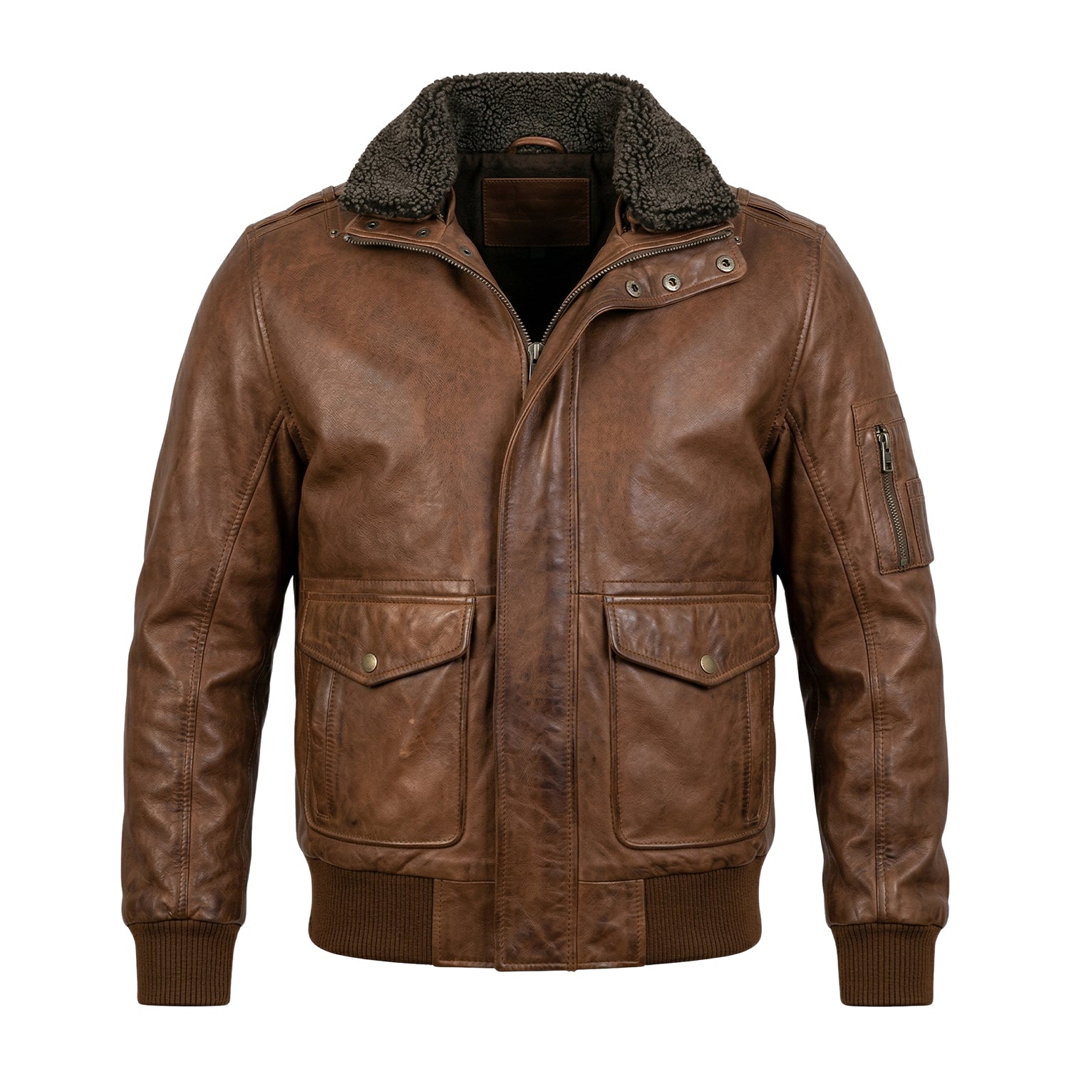 Men's Bomber Fur Collar Brown Leather Jacket