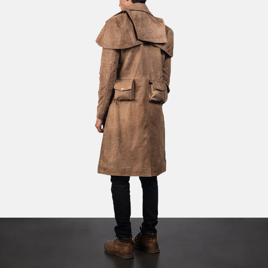 Army Brown Leather Duster Trench Coat