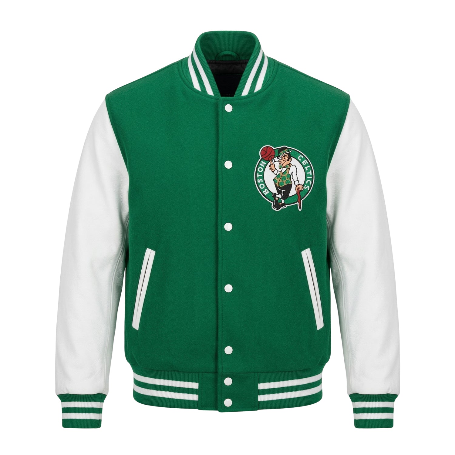 NBA Men's Boston Celtics Green and White Varsity Jacket