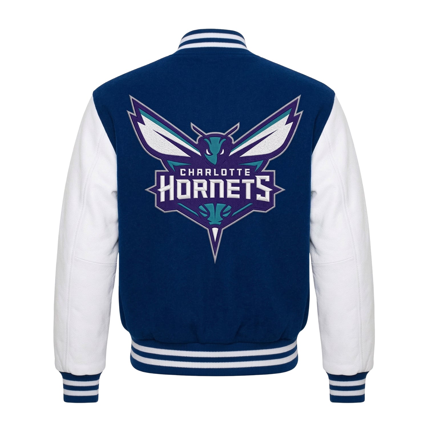 NBA Men's Charlotte Hornets Blue and White Varsity Jacket (Back)