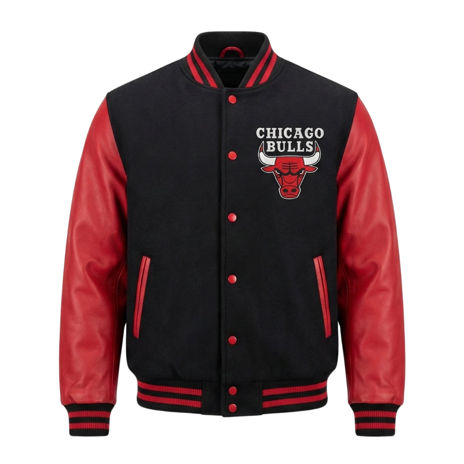 NBA Men's Chicago Bulls Red and Black Varsity Jacket
