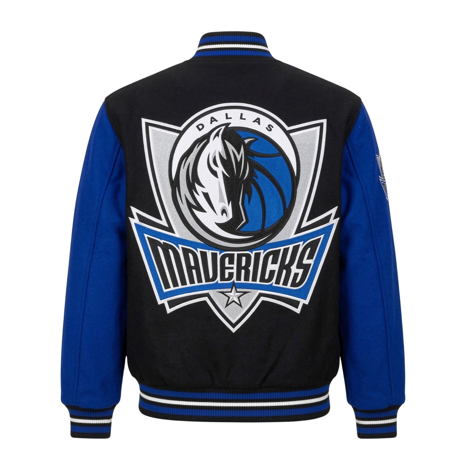 NBA Men's Dallas Mavericks Black and Blue Varsity Jacket (Back)