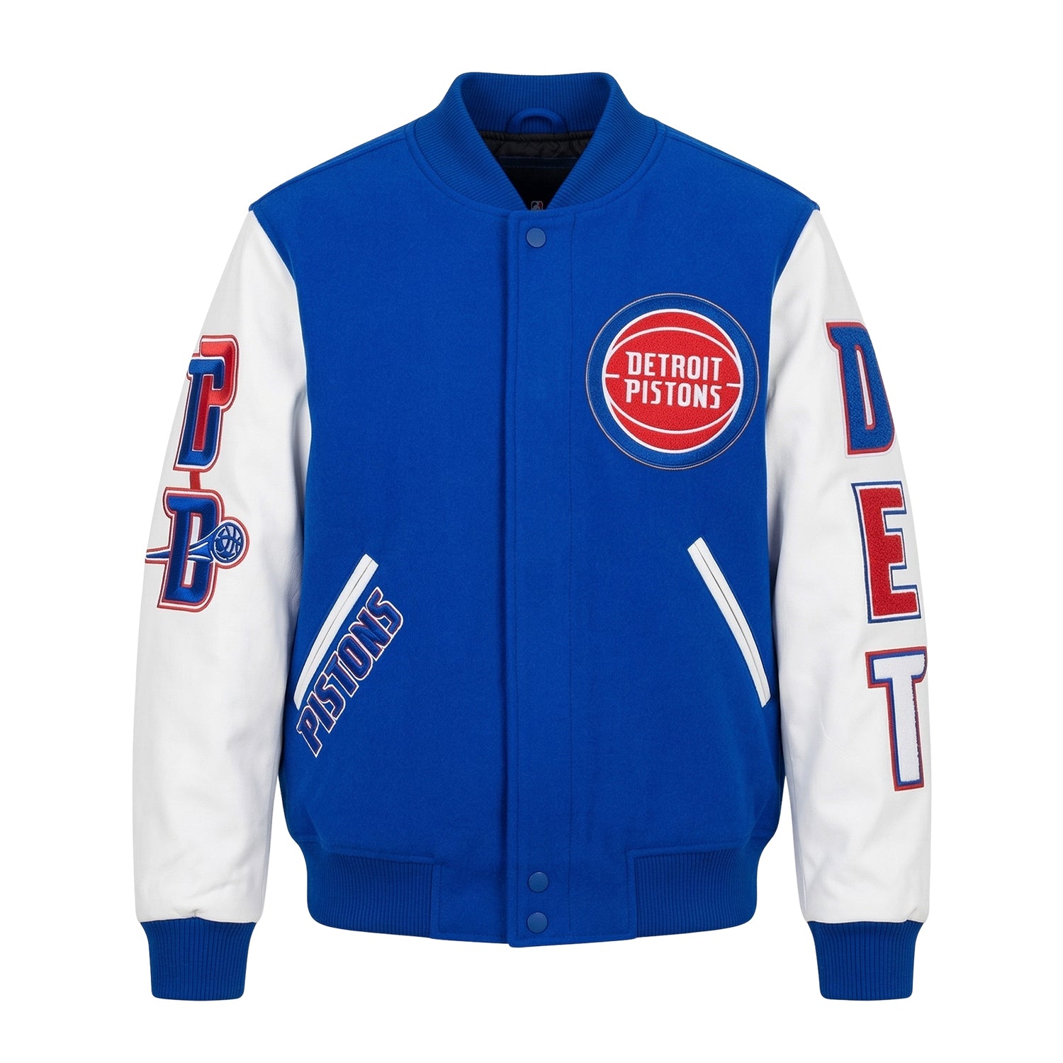NBA Men's Detroit Pistons Blue and White Varsity Jacket