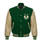 NBA Men's Milwaukee Bucks Beige and Green Varsity Jacket