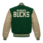 NBA Men's Milwaukee Bucks Beige and Green Varsity Jacket (Back)
