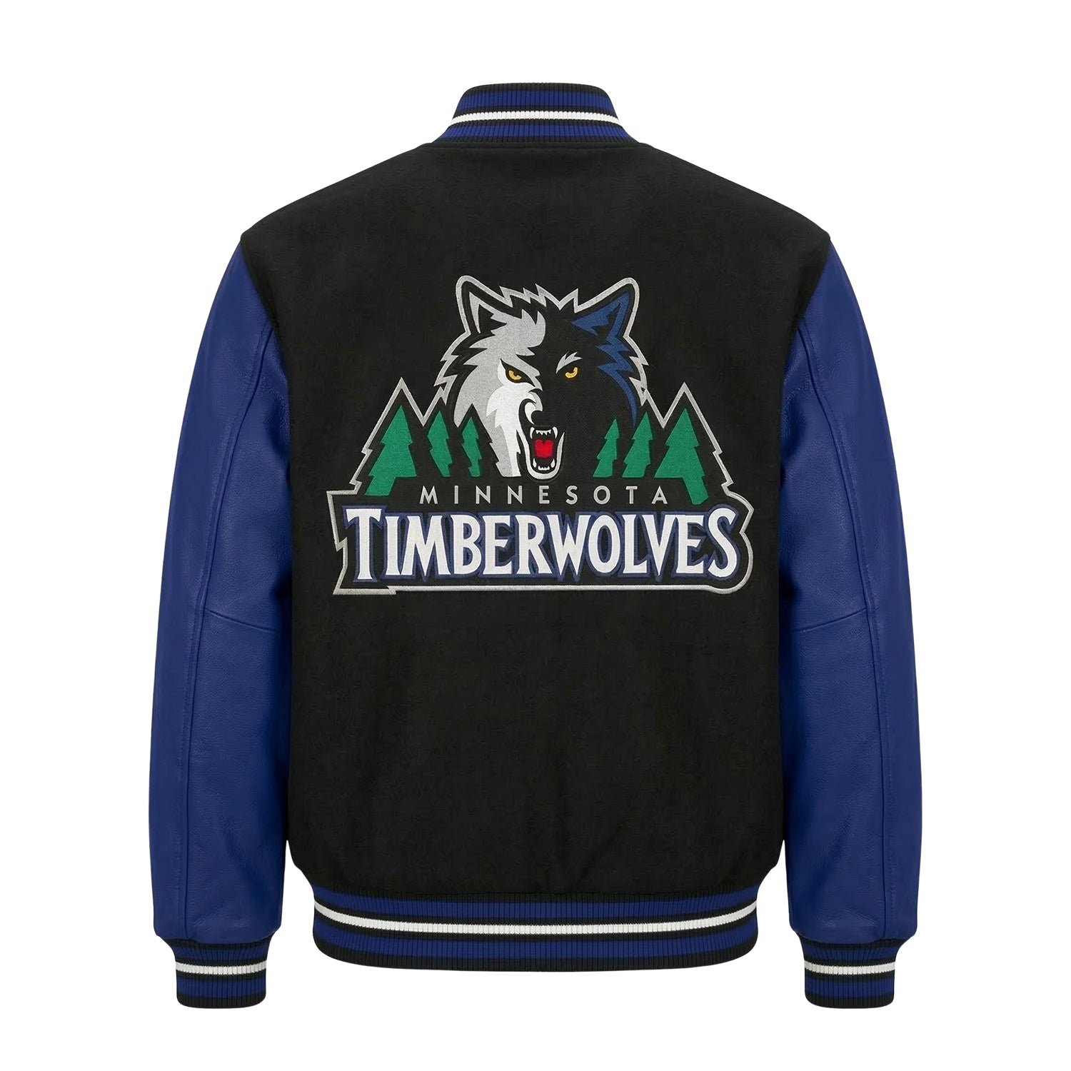 NBA Men's Minnesota Timberwolves Black and Royal Blue Varsity Jacket  (Back)