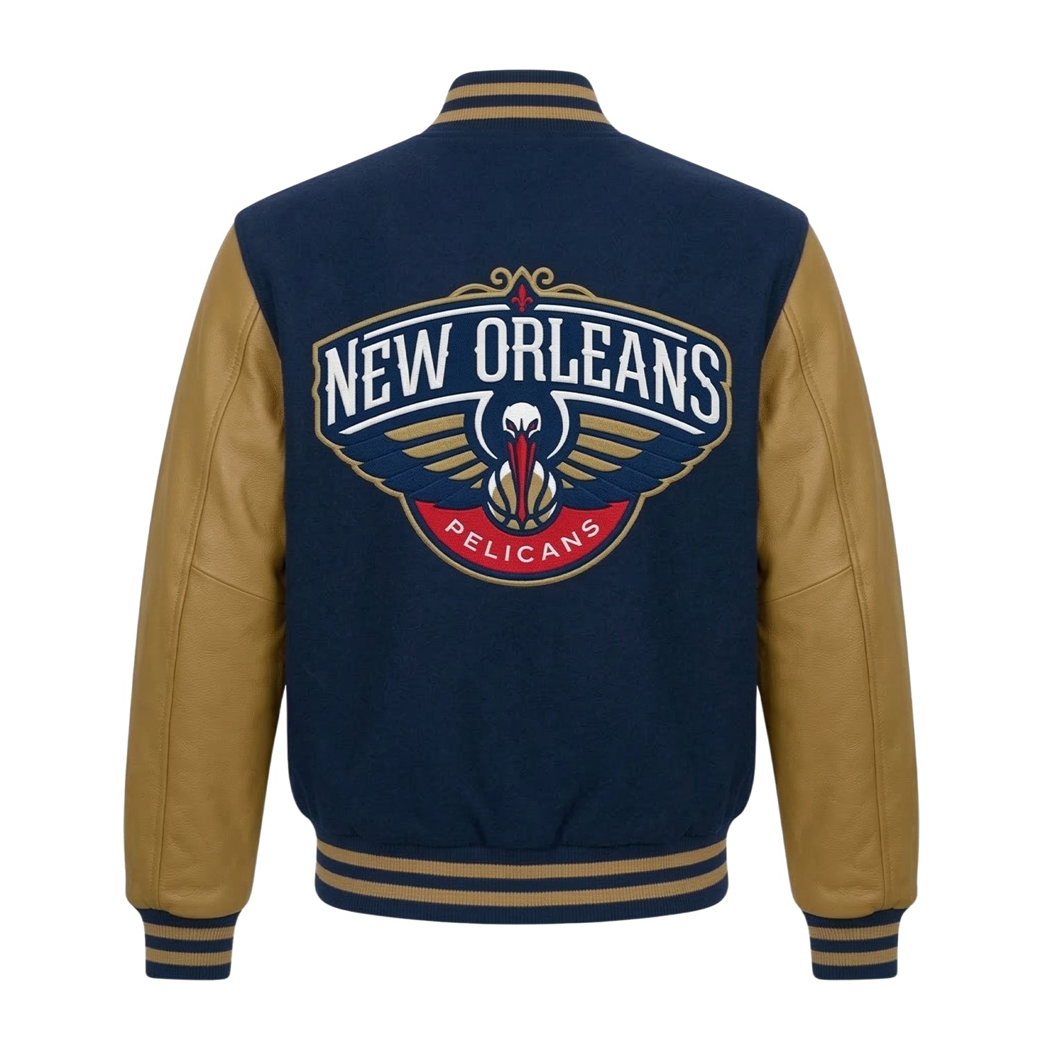 NBA Men's New Orleans Pelicans Glorious blue and brown Varsity Jacket (Back)