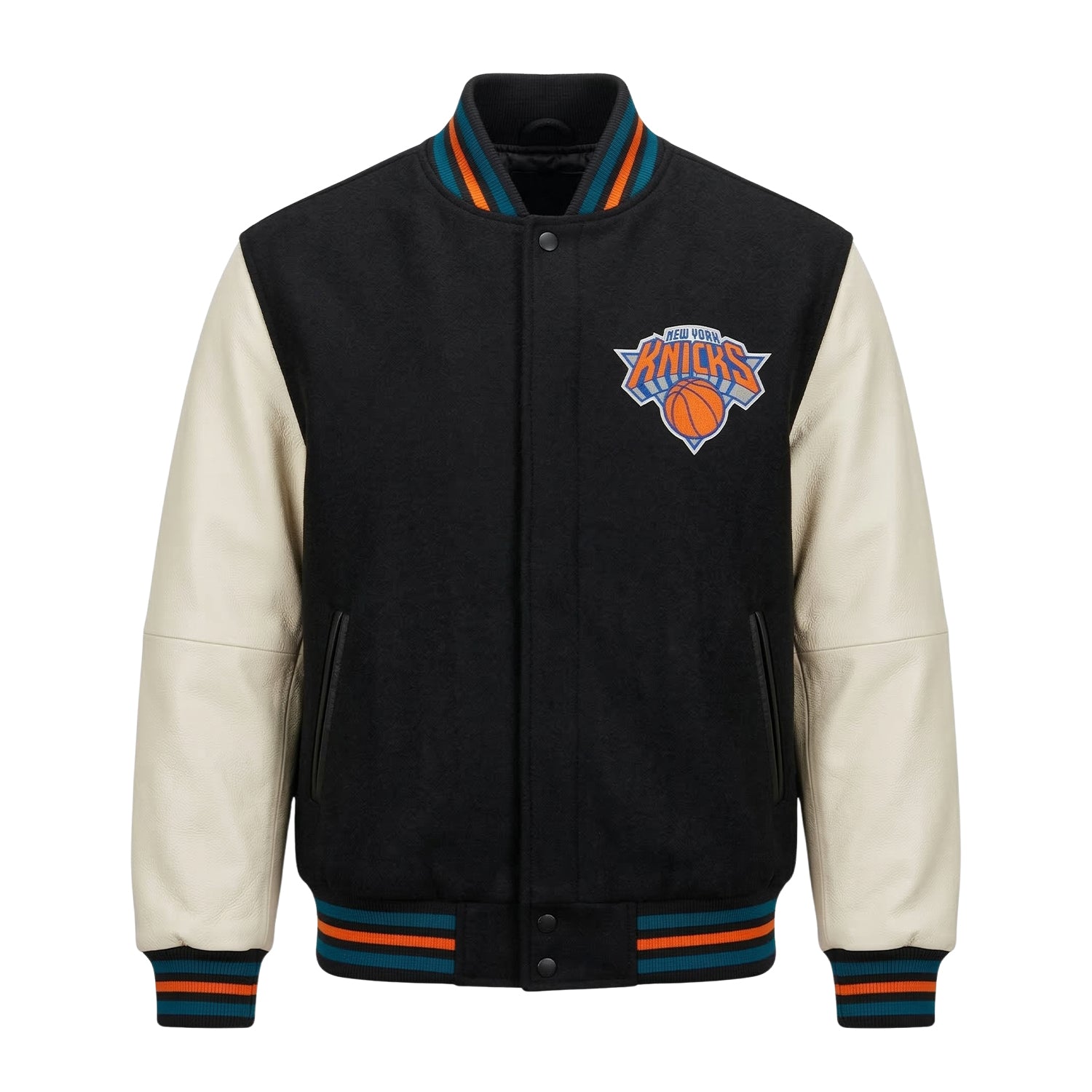 NBA Men's New York Knicks Black and White Varsity Jacket