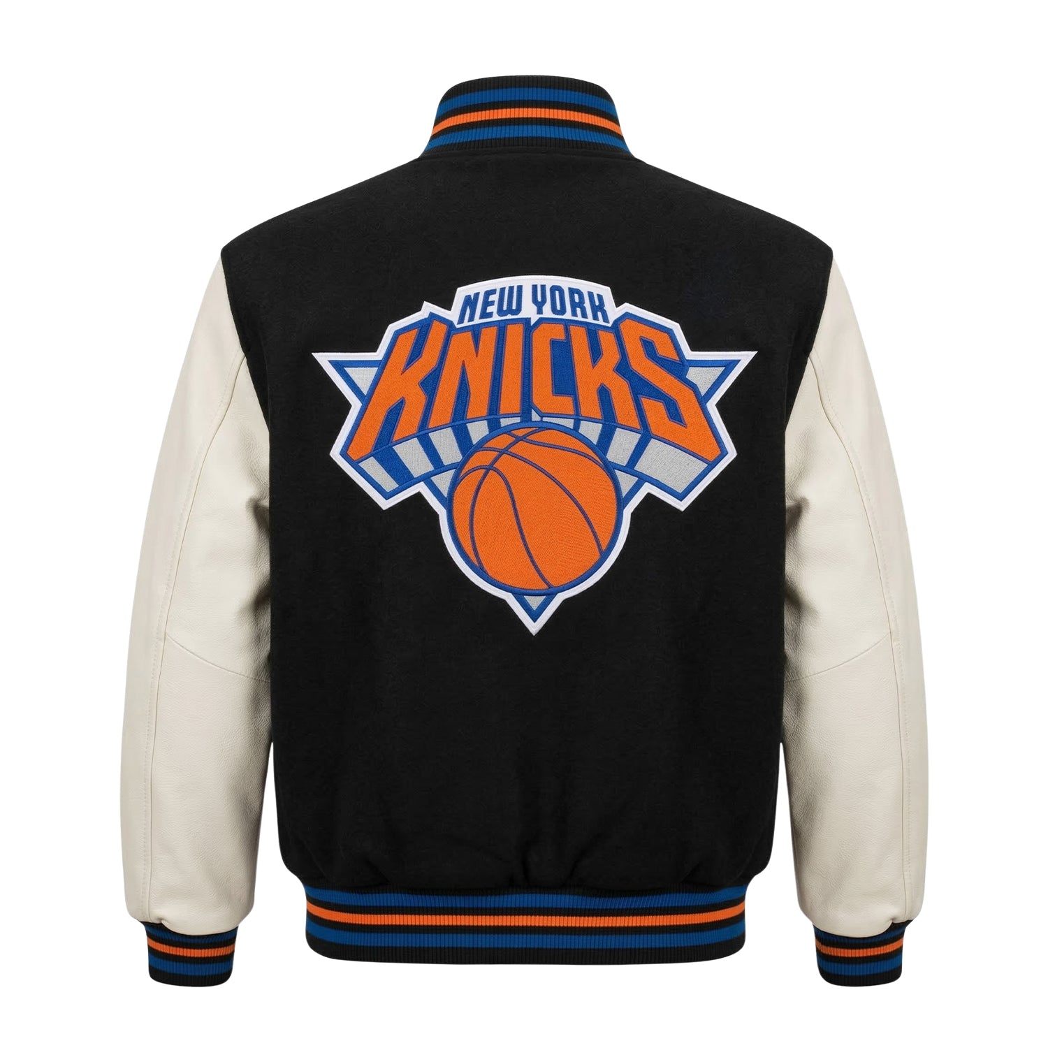 NBA Men's New York Knicks Black and White Varsity Jacket (Back)