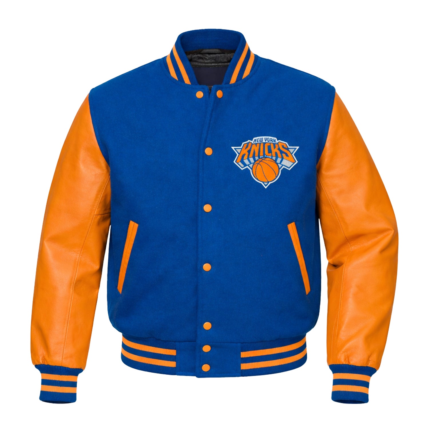 NBA Men's New York Knicks Blue and Orange Varsity Jacket