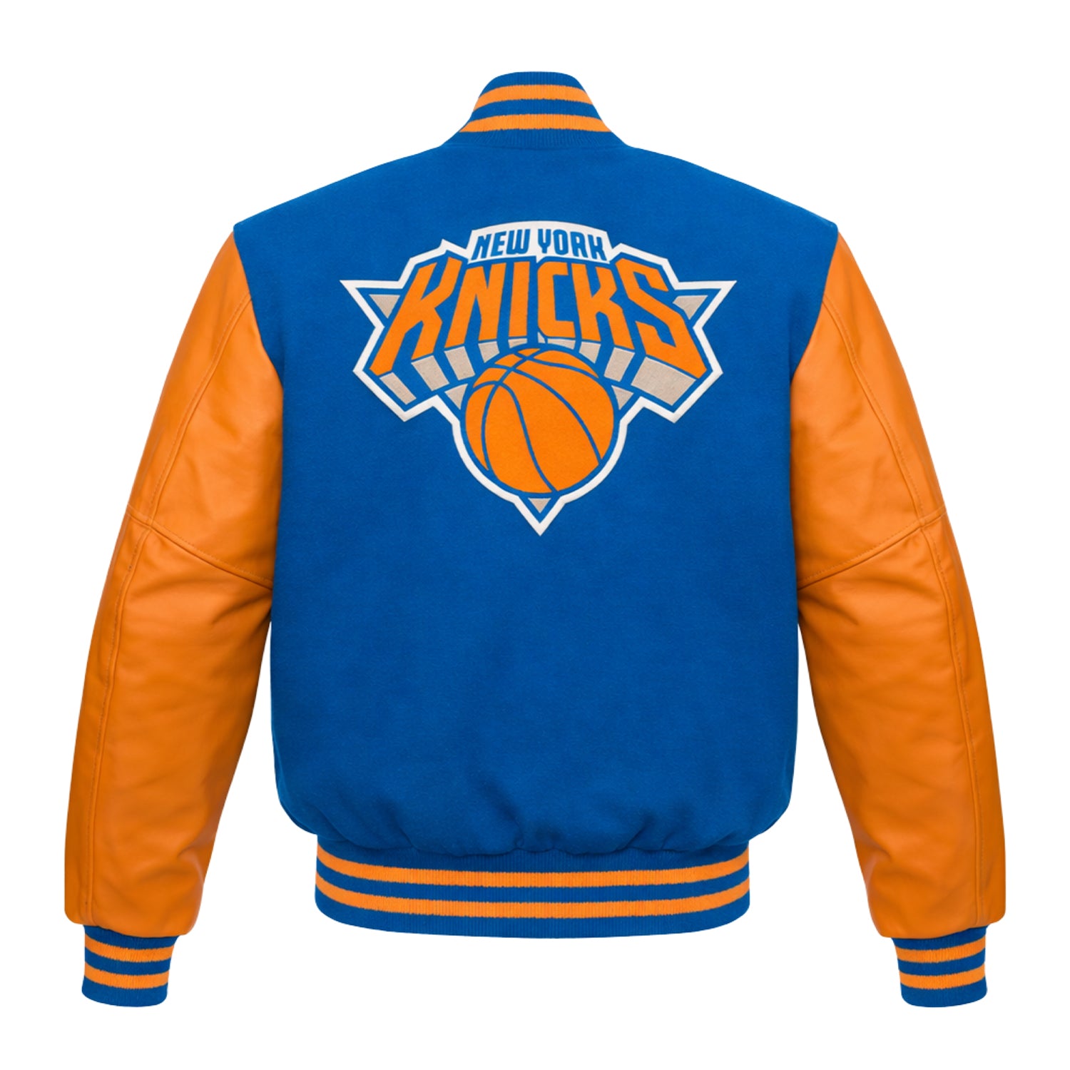NBA Men's New York Knicks Blue and Orange Varsity Jacket (Back)