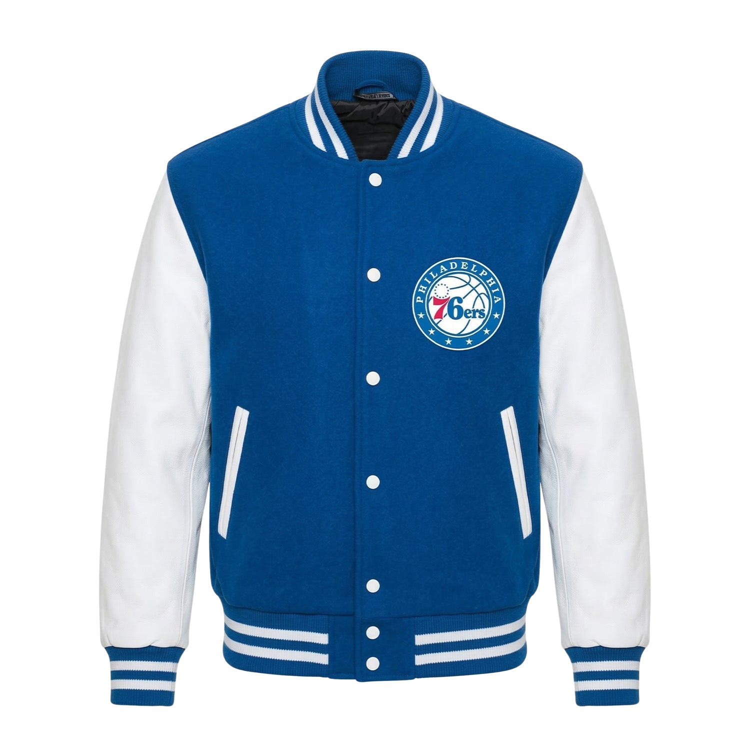 NBA Men's Philadelphia 76ers Blue and White Varsity Jacket