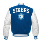 NBA Men's Philadelphia 76ers Blue and White Varsity Jacket (Back)