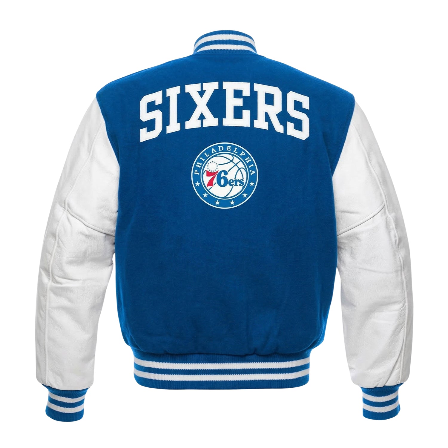 NBA Men's Philadelphia 76ers Blue and White Varsity Jacket (Back)