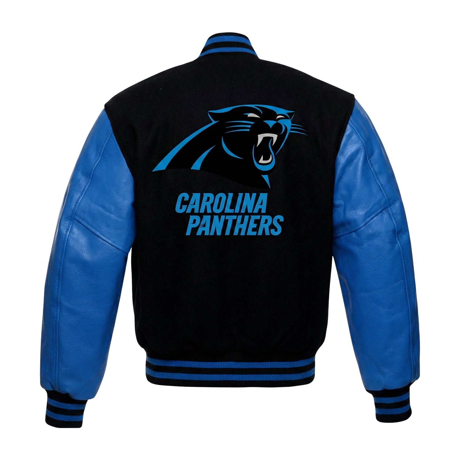 NFL Men's Carolina Panthers Black Blue Varsity Jacket (Back)