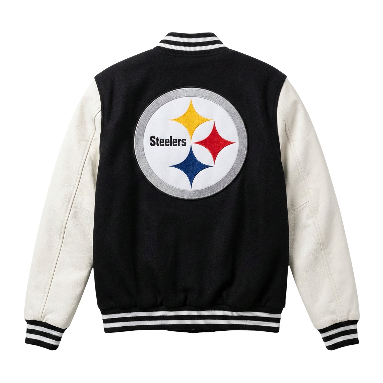 NFL Men's Pittsburgh Steelers Black, White Varsity Jacket (Back)