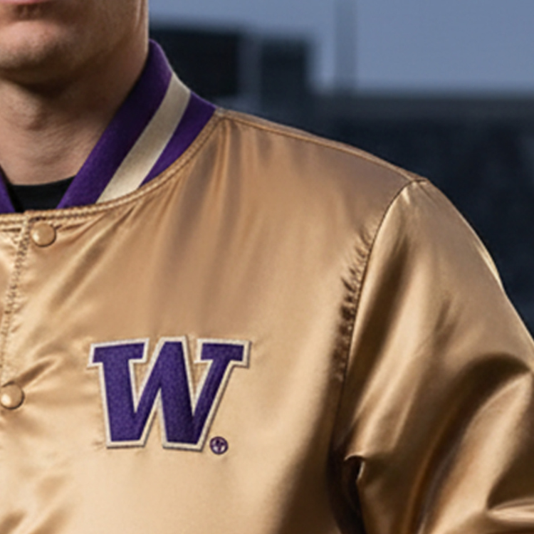 NFL Men's Washington Huskies Golden Varsity Jacket (Front Close Up)