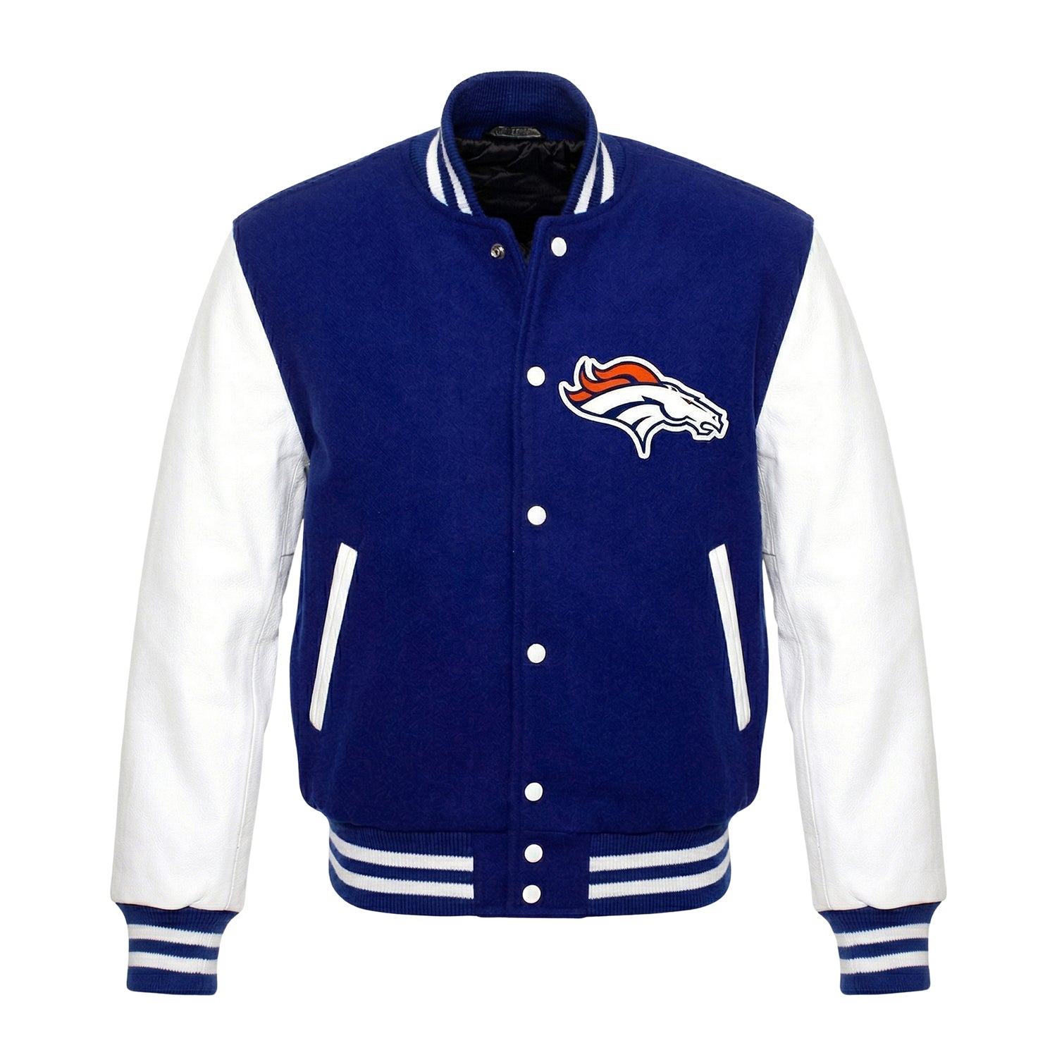 NFL Women's Denver Broncos Blue and White Varsity Jacket