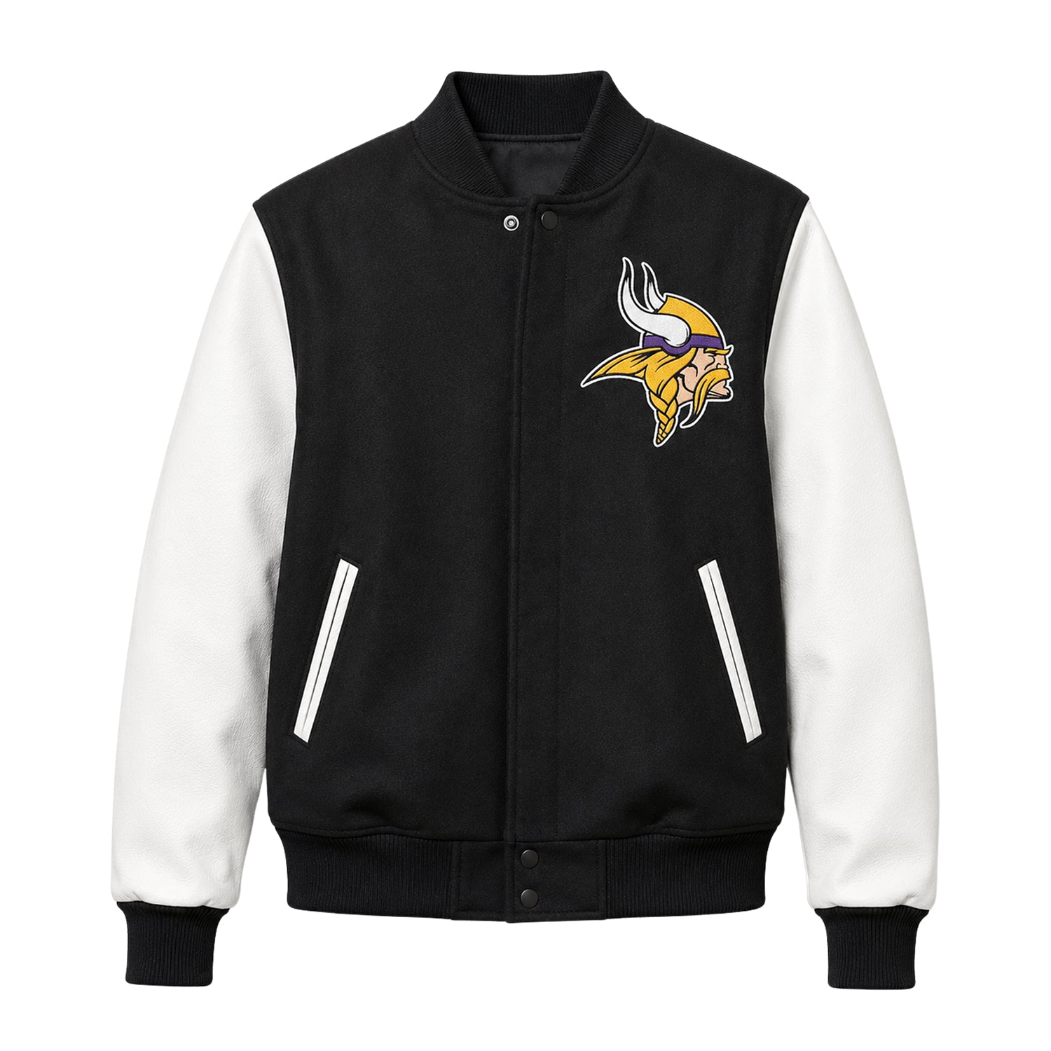 NFL Women's Minnesota Vikings Black and White Varsity Jacket