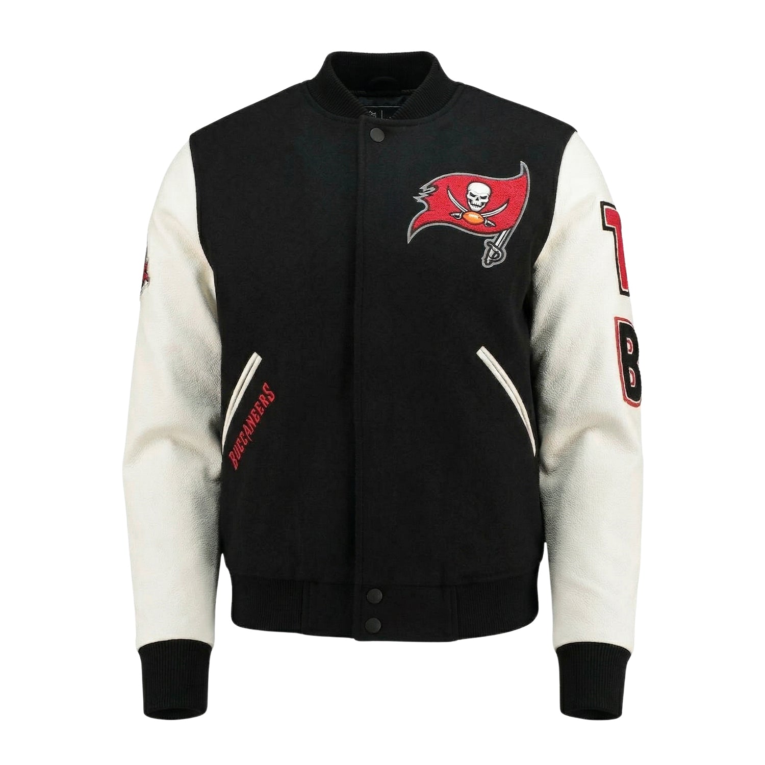 NFL Women's Tampa Bay Buccaneers Black and White Varsity Jacket