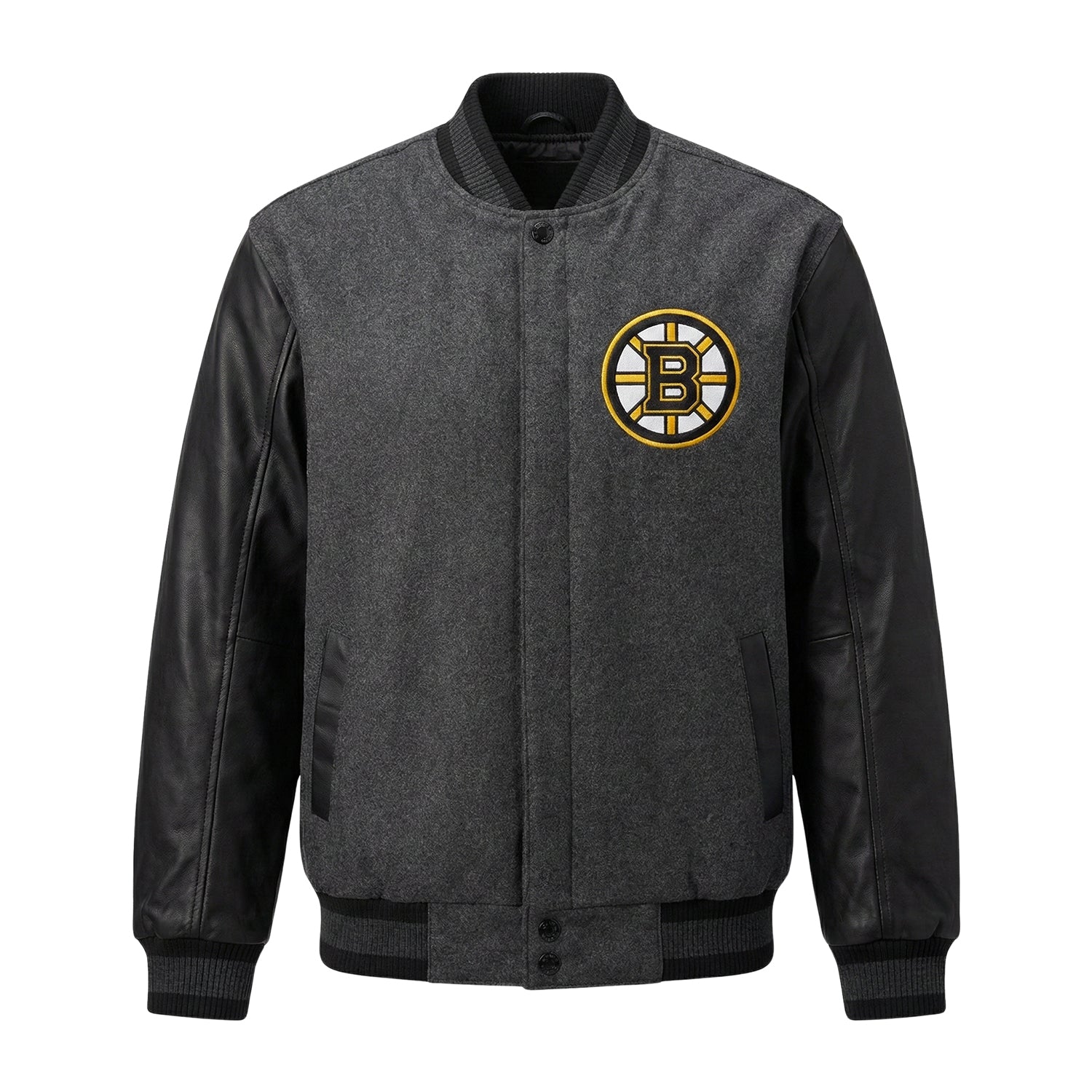 NHL Men's Boston Bruins Grey and Black Two Tone Varsity Jacket
