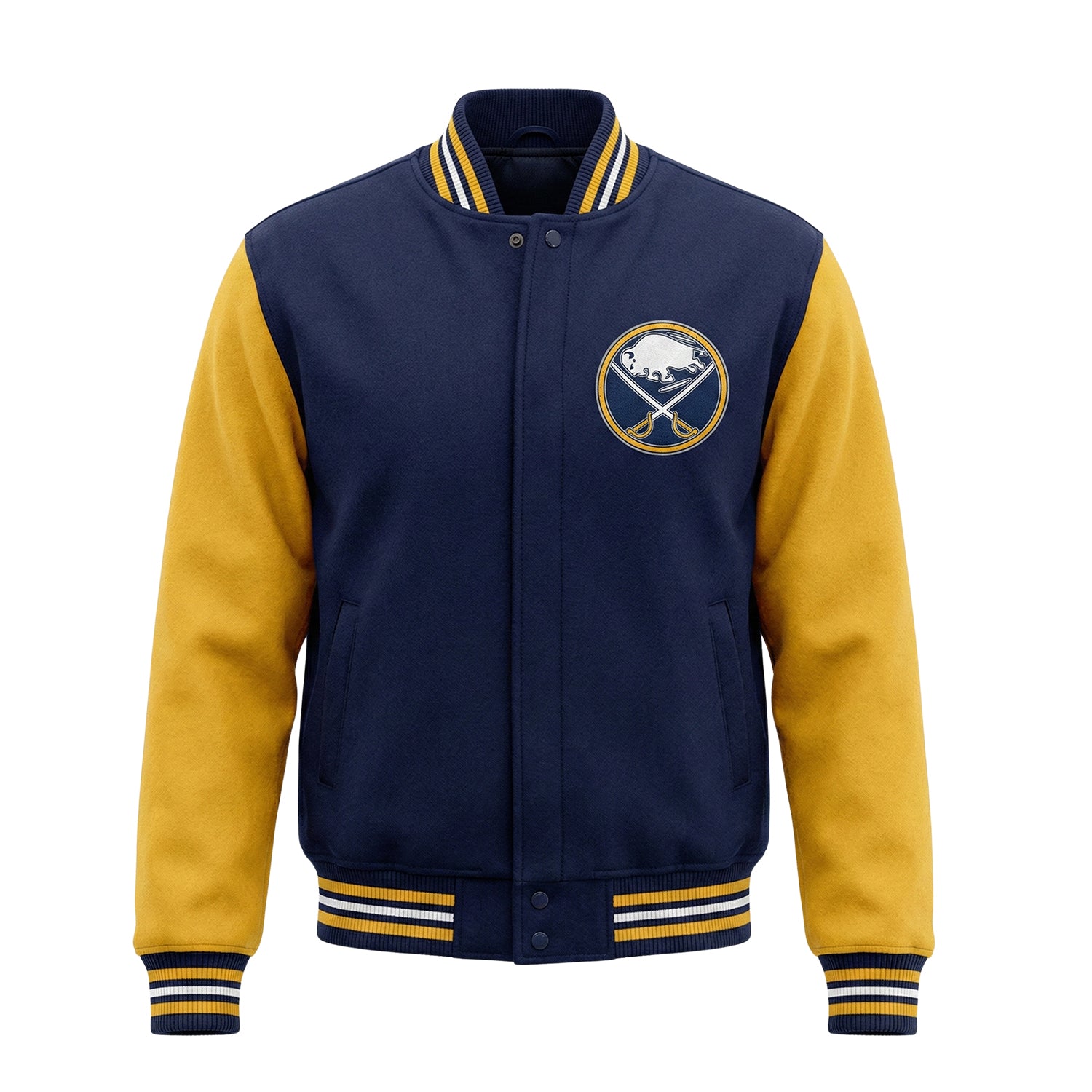 NHL Men's Buffalo Sabres Yellow and Navy Blue Varsity Jacket