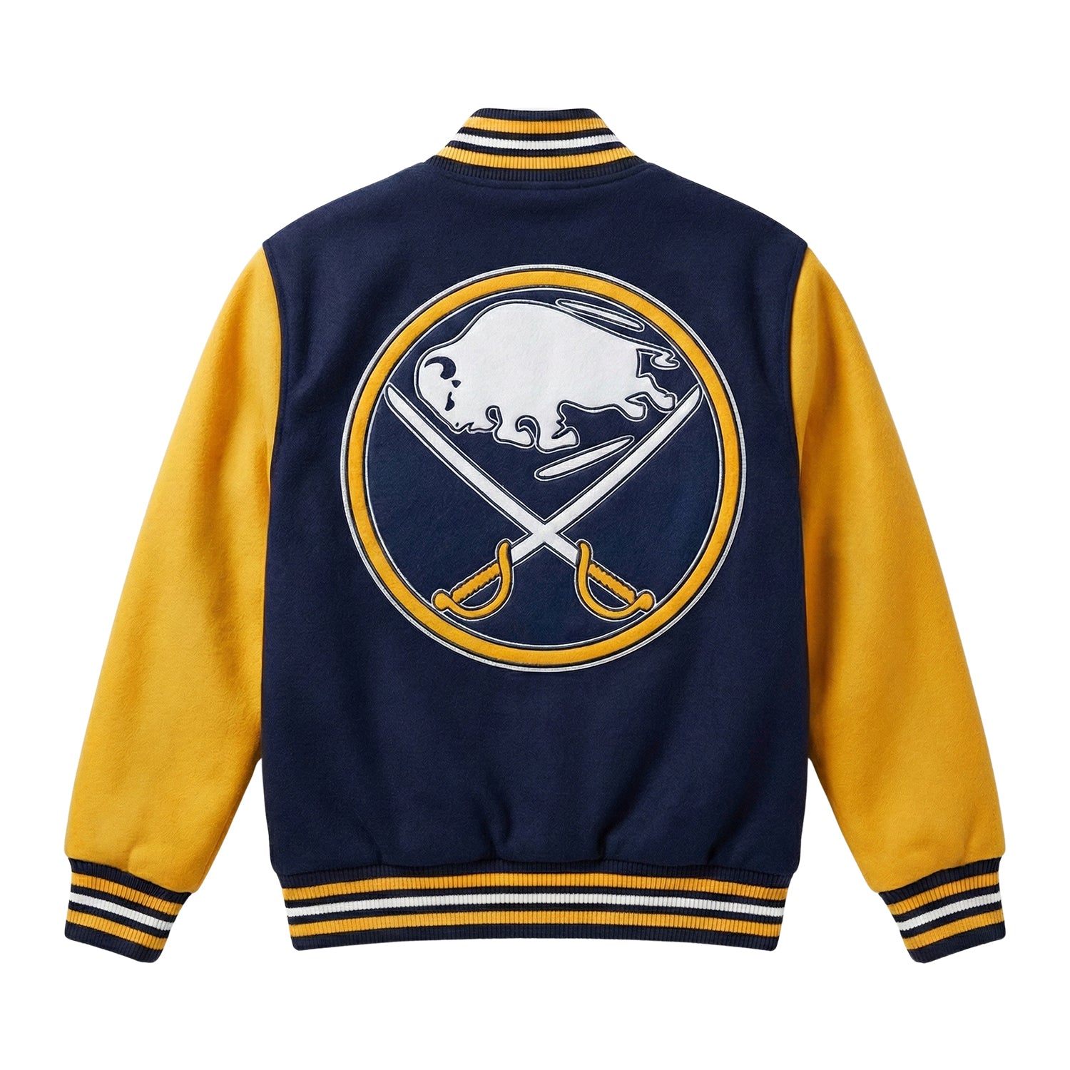 NHL Men's Buffalo Sabres Yellow and Navy Blue Varsity Jacket (Back)