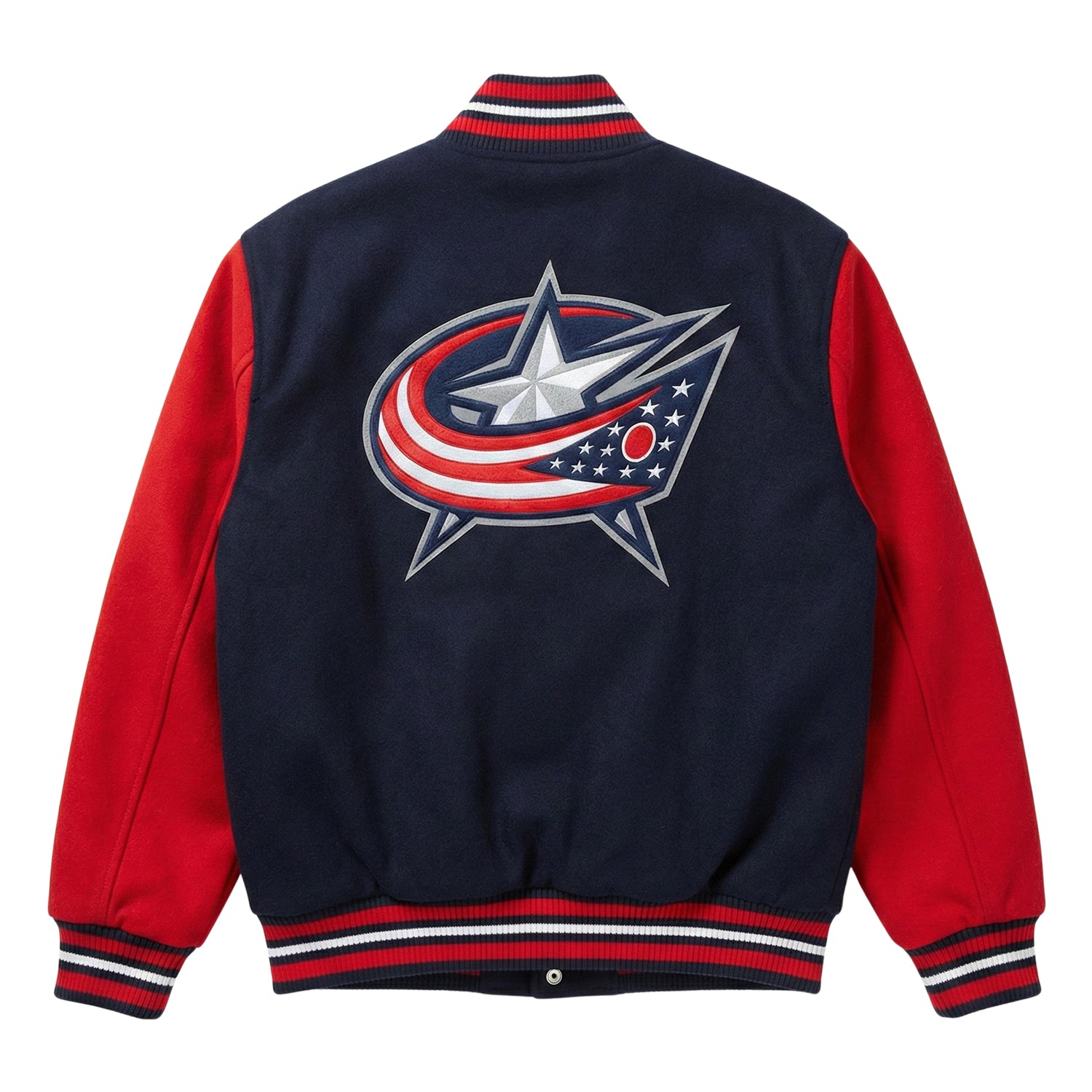 NHL Men's Columbus Blue Jackets Red and Navy Blue Varsity Jacket (Back)