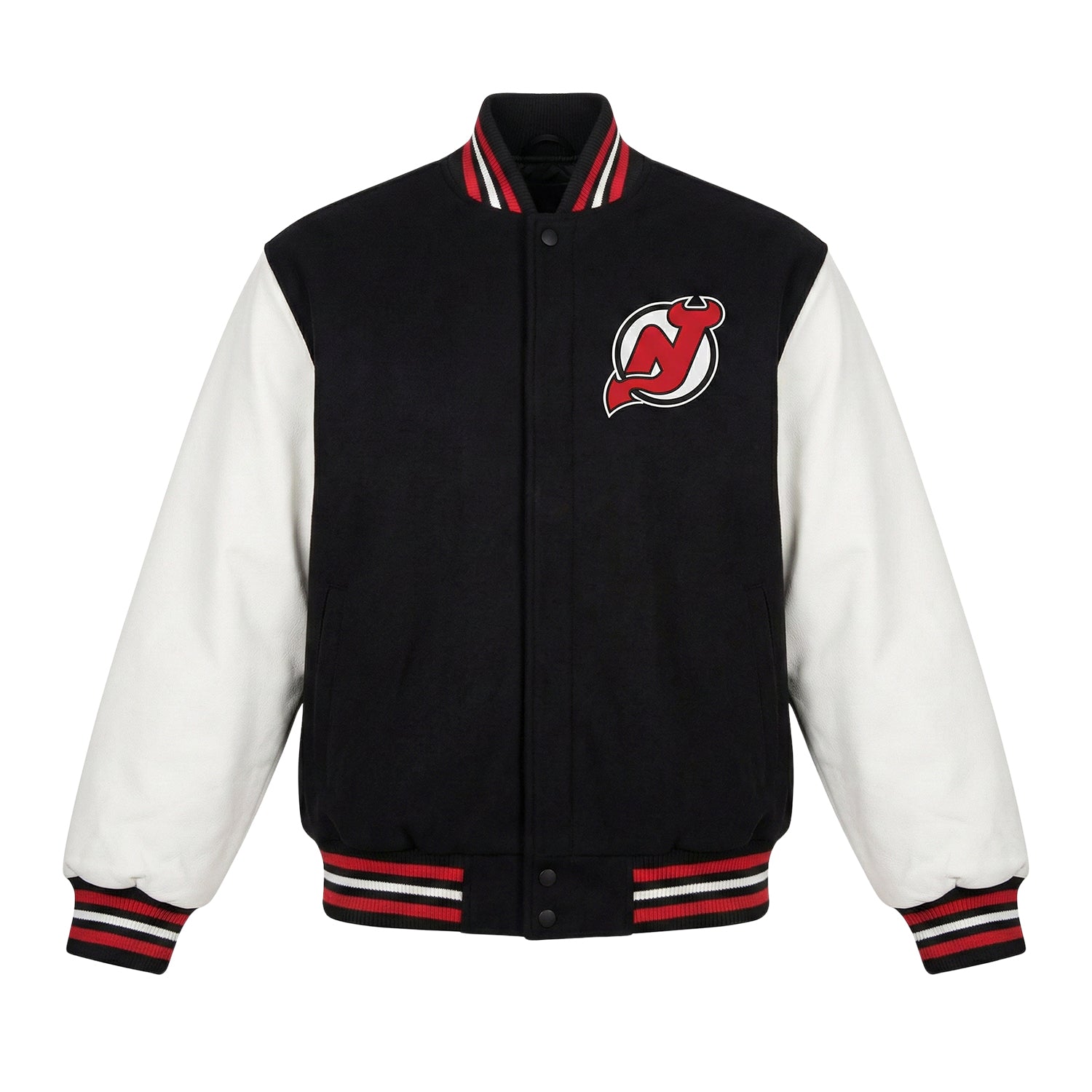 NHL Men's New Jersey Devils Black and White Varsity Jacket